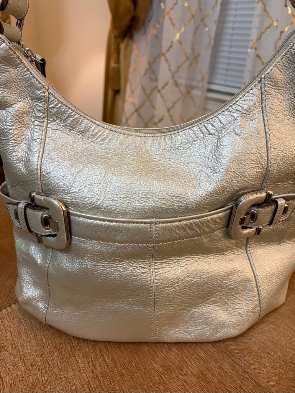 Tignanello Metallic Silver Leather Shoulder Bag